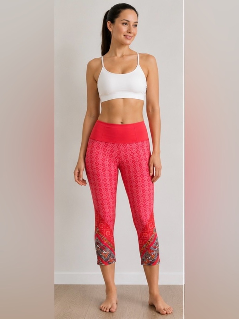 Prana Printed Capri Leggings Size Large Hidden Zip Pocket Yoga Activewear